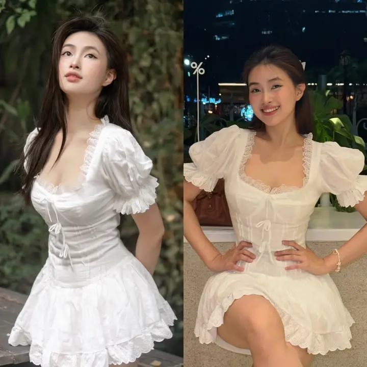 華やかなプリンセススタイルのドレス【バブルスリーブ・UVカット・レーストリム・ウエストタイト】