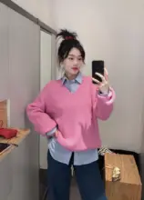yjiid 春季新作 ラフな雰囲気のゆったりとしたピンクVネックニットセーター