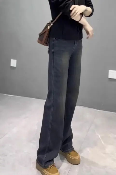 ハイウエストストレッチデニムパンツ【スリムフィット・ワイドレッグ・秋用】（セットアップ対応）