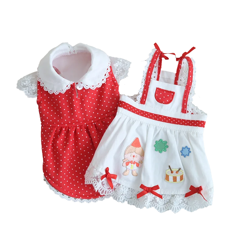 ペット用 かわいいレース袖白ドットのジャンパースカート【テディベア・女の子用】