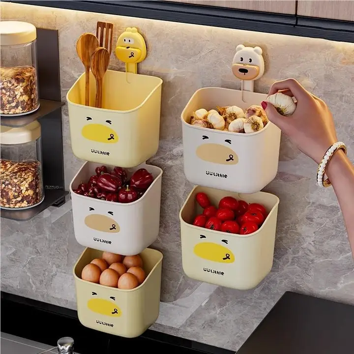 吸盤式壁掛けキッチン収納ボックス【ネギ・生姜・ニンニク用・穴あけ不要・冷蔵庫横掛け】