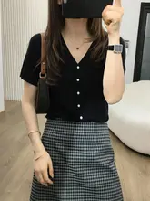 ショートスリーブカーディガン Tシャツ 女性 夏 ウール 細いテクスチャー Vネック 薄型