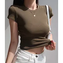 高腰ショートTシャツ【ラウンドネック・セクシー・フリンジ短袖】