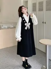 リボン付きシャツ襟デザインのフェイク2WAYワンピース【カジュアル・春秋用】（セットアップ対応）