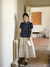 洗い加工デニムダブルボタンダウンショートスリーブシャツ【フロントプリーツ・ネイビートーン】