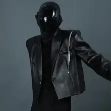 黒の金属チェーン付きパッド肩男子ジャケット【PUレザー・スタイリッシュショート】