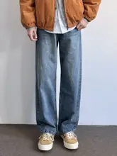 ヴィンテージウォッシュデザインのルーズフィットストレートデニムパンツ【ブルー・カジュアル】（セットアップ対応）