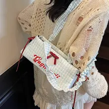 リボンチェック柄の小型ショルダーバッグ【夏用・高級感・褶みデザイン】