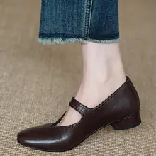 柔らかい羊革製 マリージェーンシューズ【編み込み・ラウンドトゥ・中ヒール・通勤用】