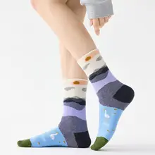 アートデザインの女性用中筒ソックス【通気性・コットン・レトロスタイル】