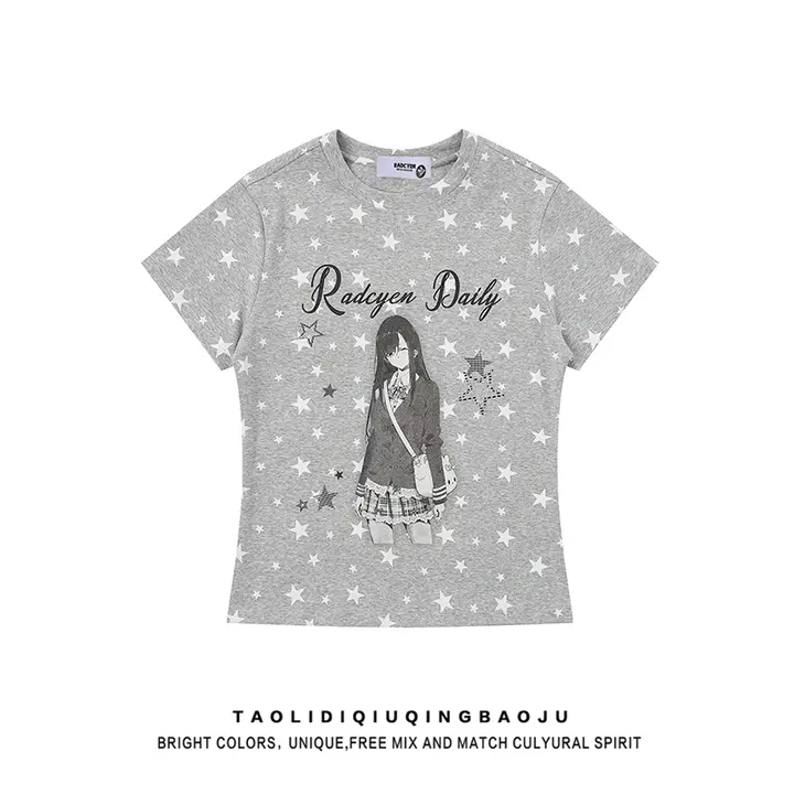 二次元キャラクター印刷短袖Tシャツ【星柄・グレー・フィットデザイン】