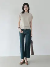 シンプルスタイルのハイネックニットTシャツ【女性用・短袖・柔らかい質感】