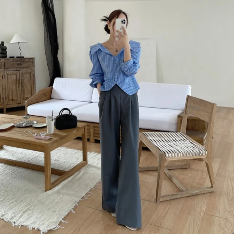 大きな襟のファッショナブルなシャツ【ウエストゴム・ジッパーブラトップ・ハイウエストワイドパンツ】（セットアップ対応）