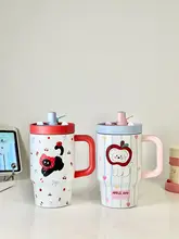 可愛い大容量猫デザインの保温カップ【ストロー付き・オフィス用・陶器内蔵】