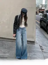 水洗いブルージーンズ【秋用・レトロ・ルーズフィット・ストレートレッグ・ロングパンツ】