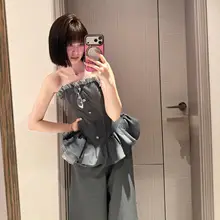グレーのウエストマーク付きマシュマロトップスとロングパンツ【アメリカンヴィンテージスタイル・スリムフィット】（セットアップ対応）
