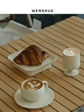 WENSHUO 陶製コーヒーカップとソーサーセット【クリーム色・シンプルデザイン・オフィス用】
