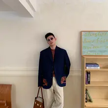 メンズ秋冬用 ビンテージ風ダークブルー刺繍カジュアルブレザー【ウール混・ルーズフィット・高級感】