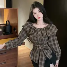 フリル付きチェック柄オフショルダーシャツ【秋用・ウエストリボン・女性用】