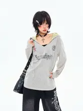 レトロアメリカン文字プリント フード付き長袖Tシャツ【夏用・薄手・日除け効果】