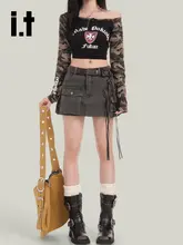 高腰デニムフレアスカート【杏色・女性用・Aライン・フィット感あり】