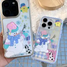 冬の雰囲気感あふれる雪だるまと犬デザインのスマホソフトケース【iPhone対応・かわいい・防落】