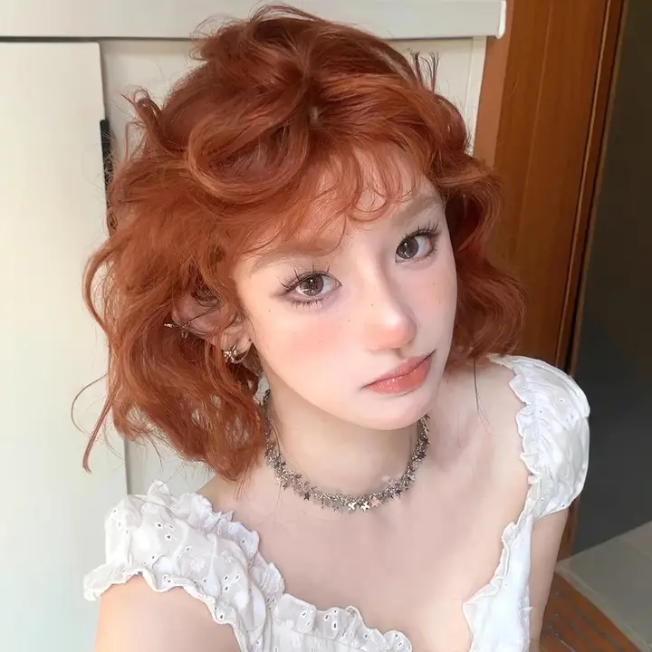 オレンジ色のショートカールウィッグ【復古スタイル・ドール用・フルヘッドセット】