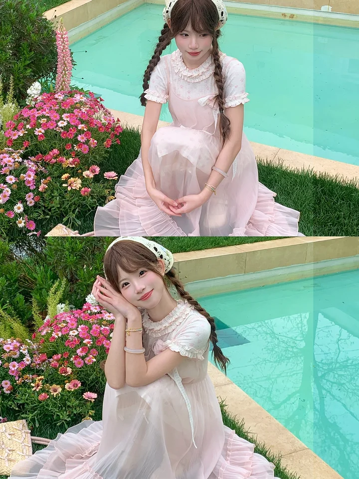 草莓ミルク風柄の猫爪プリントニットワンピース【夏用・ピンクの大きなフレアカバー】（セットアップ対応）