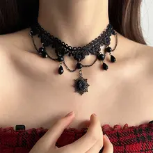 ブラックレースフリンジチョーカーネックレス【ゴシックスタイル・レディース用・高級感】