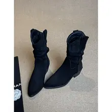 レトロデザインの尖ったつま先のショートブーツ【折り畳みスタイル・粗いヒール・女性用・秋冬用】