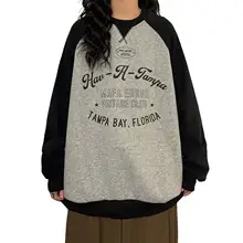 春季 美式レトロ学院風 プリントアップリケ入り コントラストカラーのラグランスリーブスウェットシャツ【レディース用】