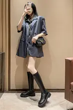 厚底内増高ロングブーツ【膝下丈・スリムシルエット・騎士ブーツ】（セットアップ対応）