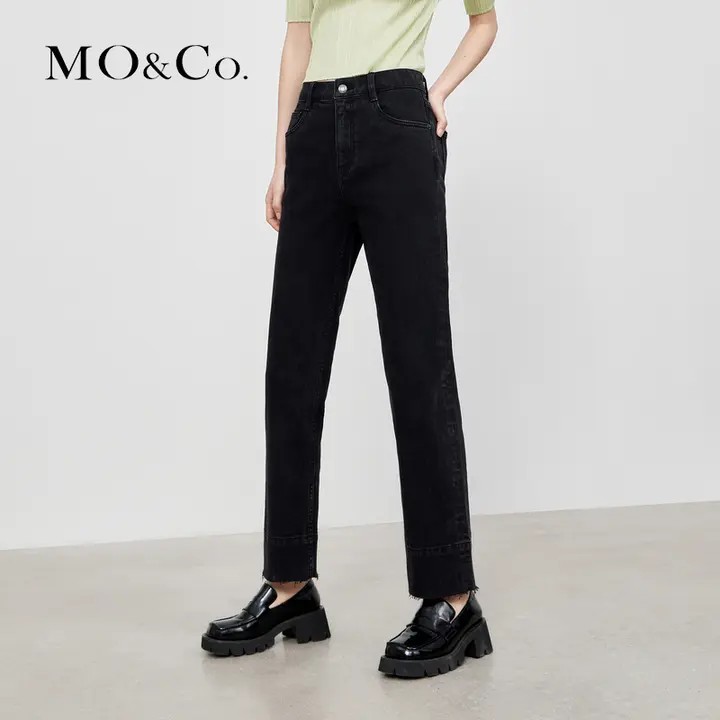 黒のコットン高腰ストレートジーンズ【春秋用・裾カット・洗濯可能】