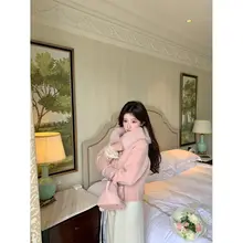 NMIOK フォックスファー付きフードニットカーディガン【レディース・秋冬用・おしゃれ】