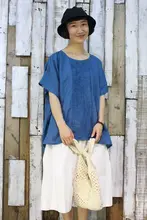 リネン製 夏用プリーツ半袖トップス【ゆったりサイズ・女性用・アートデザイン】