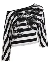 トップス レディース 長袖Tシャツ ワンショルダー 白黒ボーダー 花柄プリント Y2K ヴィンテージ ギャル「ROCKMORE」