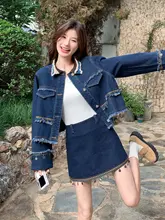 ボヘミアンデザインのフランス風デニムワンピース【春秋用・小香風・二部式】（セットアップ対応）