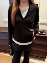 秋季にぴったりなフード付きドレス風スウェットワンピースパンツ【大きいサイズ・体型カバー・カジュアルスタイル】（セットアップ対応）