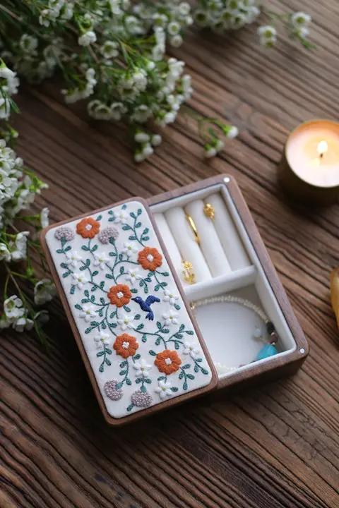 手作りDIY ヴィンテージ風花刺繍キット【黒胡桃木製 磁気収納ボックス・贈り物に最適】