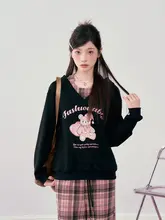 ユニークなデザイン！ブラックフード付きスウェットシャツ【熊のプリント・ゆったり長袖】