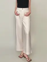 夏用 薄手のハイウエストワイドレッグパンツ【白色・レディース・リネン・九分丈】