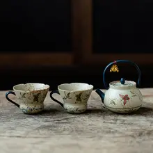 手描きのデザインが美しい陶器製ティーセット【茶器・ティーポット・ティーカップ・茶盤付き】（セットアップ対応）