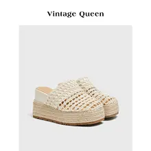 花柄デザインのヴィンテージ風ウェッジソール草編みトングサンダル【夏用・リゾートファッション】