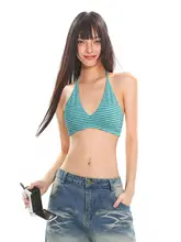 青ストライプのハーフネックトップス【フィットネス・ヨガ・スポーツ用】