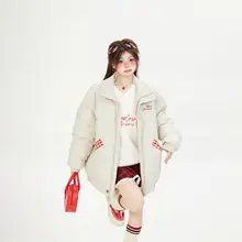 チェック柄パネルデザインの中長丈立襟コットンコート【レディース・オーバーサイズ・冬用・厚手】