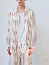 軽やかなストライプデザインの長袖シャツとワイドパンツ【抽绳付き・スタイル】（セットアップ対応）