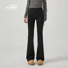 高腰ストレッチデニムパンツ【ブラック・フレアデザイン・小柄向け・ハイウエスト】（セットアップ対応）