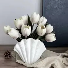 シェルデザインの陶器風花瓶【インテリア装飾用・高級感あり・チューリップドライフラワー用】
