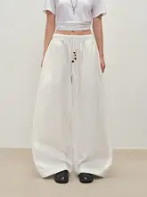 珠串付きドローコードワイドレッグパンツ【女性用・ホワイト・コットン・デザイン】