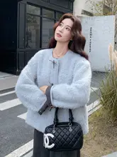 ブルー 厚手 ツイード風 ボアコート【冬用・大人の女性向け・ショート丈】